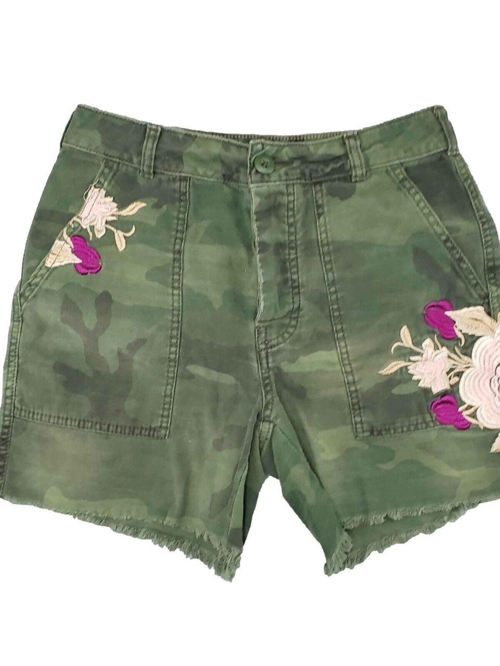 Free People Green Camo Embroidered Floral Utility Shorts